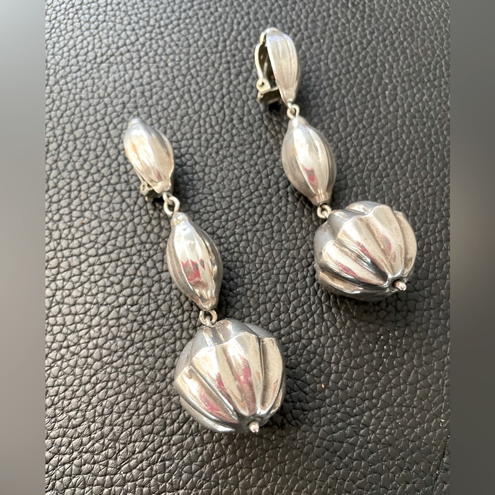 Gorgeous Sterling Silver tiered, modern clip on earrings from Mexico. 925 Stamp.
